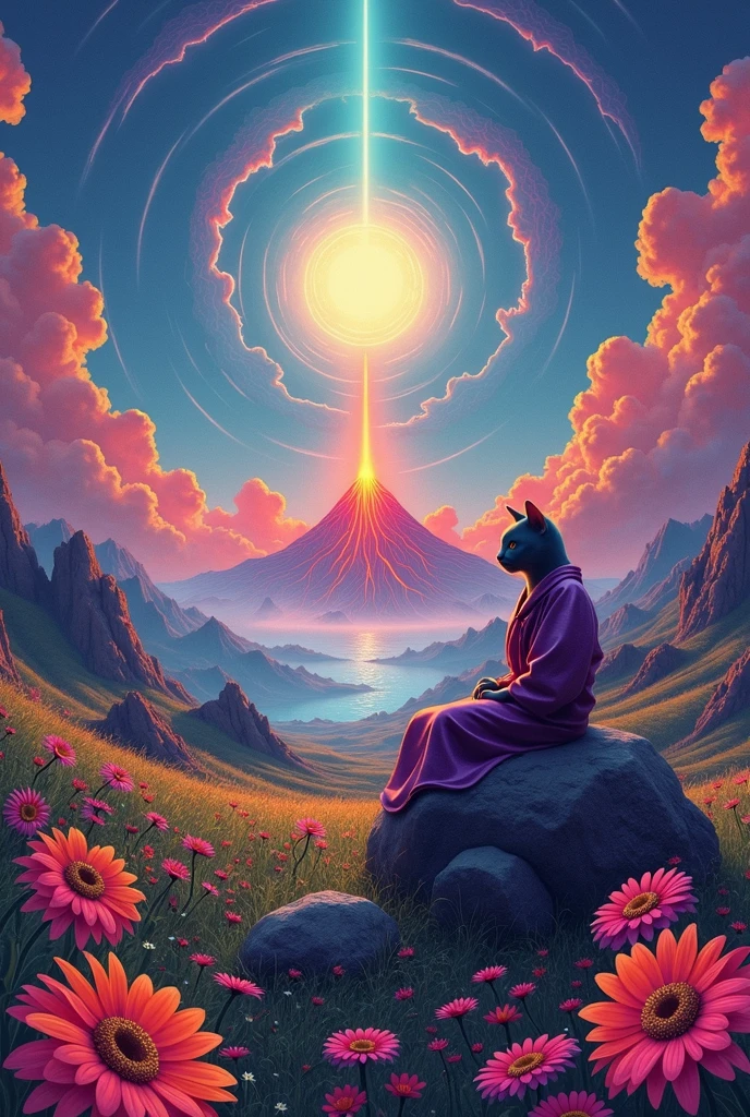 Create a psychedelic, surreal landscape with a glow, radiant sunbeam in the center, surrounded by whirlpools, neon colored clouds. The scene should present a vibrant, volcano spewing lava in the background, and a grassy field in the foreground filled with large, brightly colored daisies. Includes a cat figure dressed in shiny clothes, flowing robes, resting peacefully on a rock. The overall style should be highly detailed., with intense, saturated colors, bold contrasts, and a trip, supernatural atmosphere that blends natural and fantastic elements perfectly.