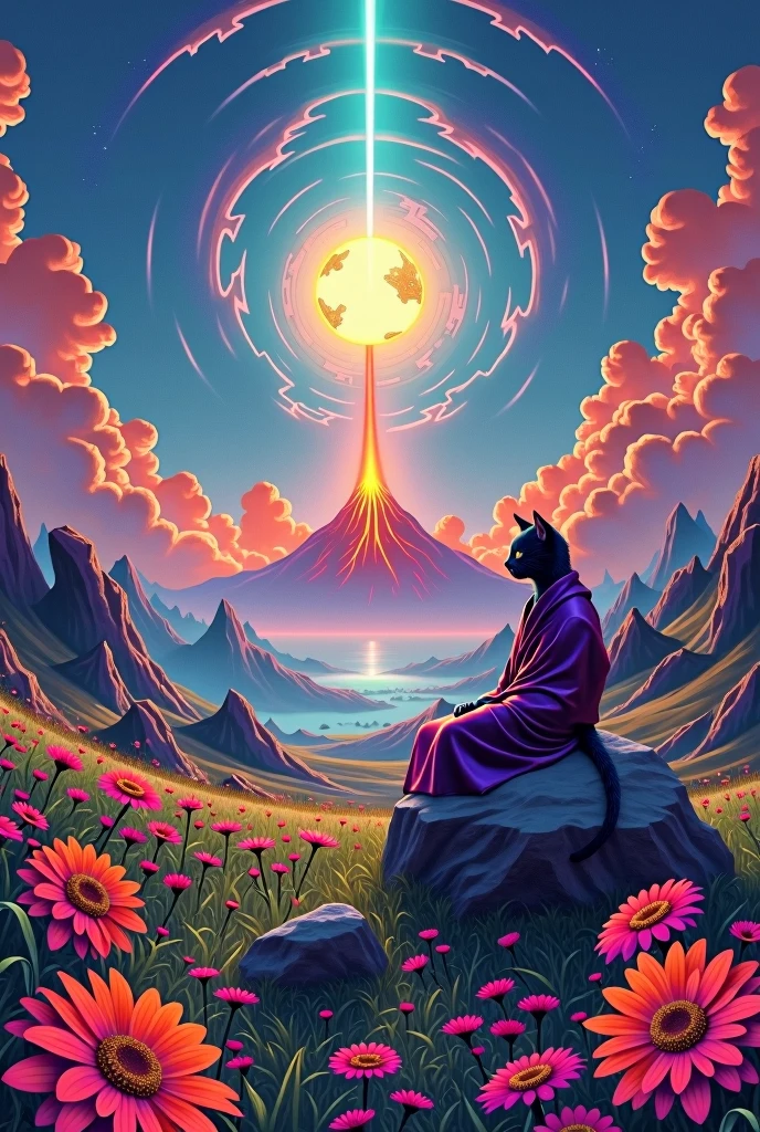 Create a psychedelic, surreal landscape with a glow, radiant sunbeam in the center, surrounded by whirlpools, neon colored clouds. The scene should present a vibrant, volcano spewing lava in the background, and a grassy field in the foreground filled with large, brightly colored daisies. Includes a cat figure dressed in shiny clothes, flowing robes, resting peacefully on a rock. The overall style should be highly detailed., with intense, saturated colors, bold contrasts, and a trip, supernatural atmosphere that blends natural and fantastic elements perfectly.