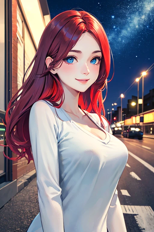 ((masterpiece)), (((best quality))), chromatic lighting,
colorized, red + white limited color palette,
detailed concept drawing, Along a highway, night time,
portrait, 20yo 1girl, medium soft breasts, slender, long red hair, blue eyes, smiling, no weird objects or colors on the face