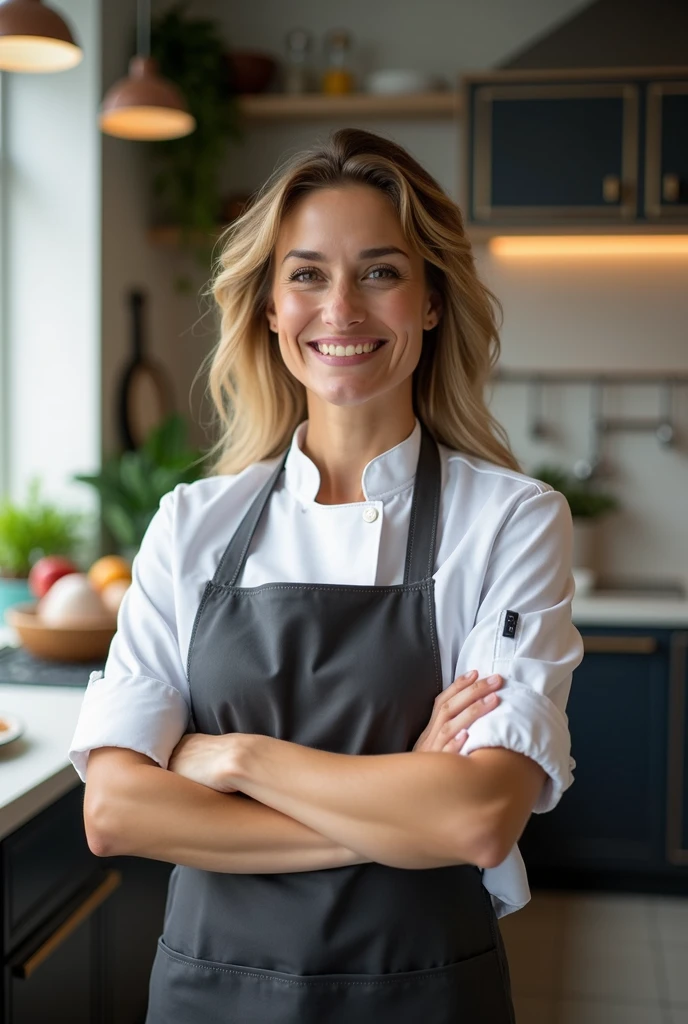 "A professional-looking, 3 American female , wearing a modern chef's coat and apron in a well-lit, stylish kitchen. She should appear friendly and confident,with a warm smile. The kitchen background should include sleek countertops, fresh ingredients, and soft natural lighting, creating a welcoming and inspiring atmosphere."