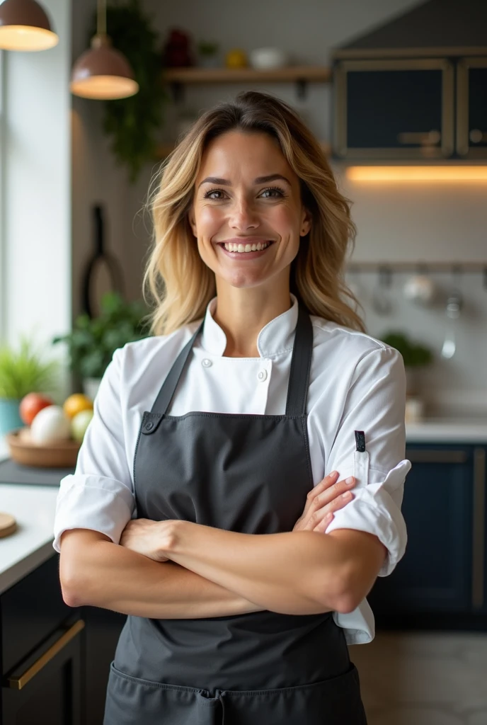 "A professional-looking, 3 American female , wearing a modern chef's coat and apron in a well-lit, stylish kitchen. She should appear friendly and confident,with a warm smile. The kitchen background should include sleek countertops, fresh ingredients, and soft natural lighting, creating a welcoming and inspiring atmosphere."
