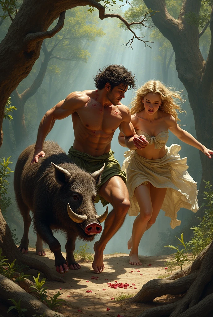 One day, while Adonis was hunting, A wild boar attacked him and seriously injured him.. Aphrodite came running,