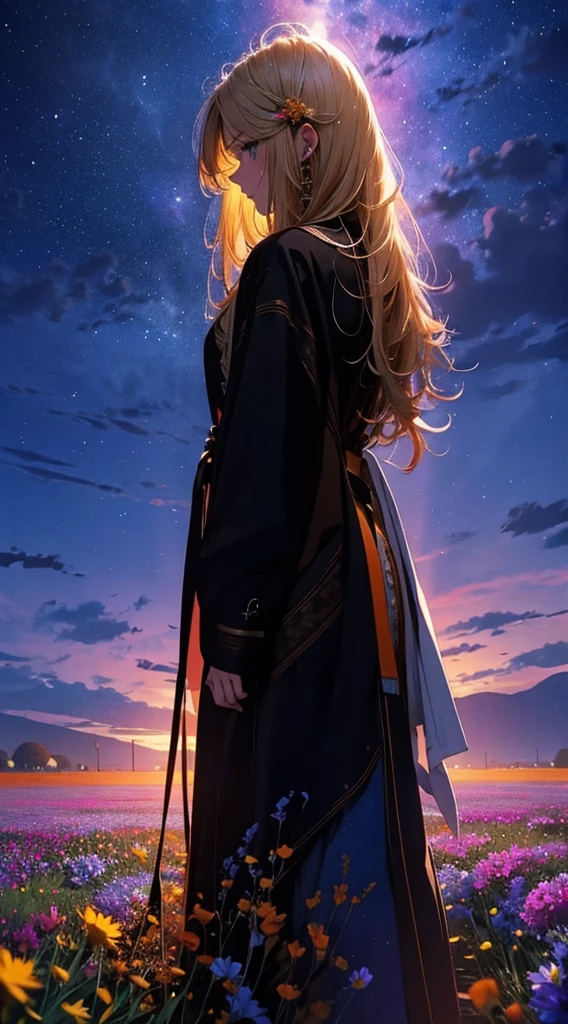 1people々々々々々々々々々々々,Blonde long-haired woman,Long coat, Dress Silhouette, Rear View,Space Sky, Flower Field,Colorful flowers,autumn,