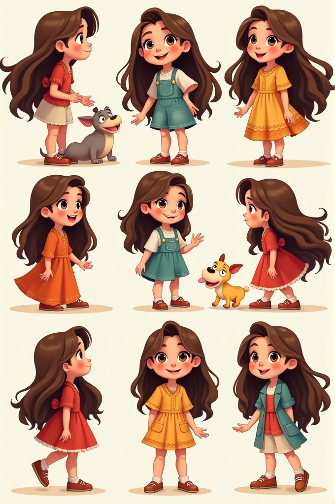 Girl with long brown hair, brown eyes and different outfits, , in different poses for a story, Disney Pixar drawing