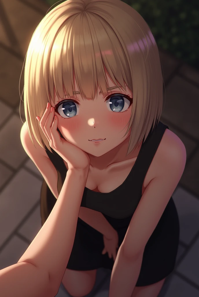 A submissive woman ((kneeling on the floor)) is looking at me while in first person view I caress her face, She has short straight blonde hair, being a natural blonde with bangs on her forehead and blue eyes. She wears a simple black outfit. ((First person view)) as if I myself was standing in front of her stroking her face, I see my arm stretched out and my hand caressing her face as she rests her face on my hand to feel my caresses, she has a satisfied expression with a small sweet smile.