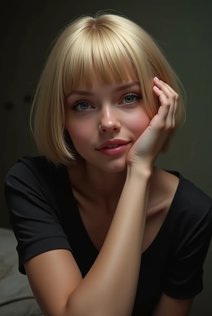 A submissive woman ((kneeling on the floor)) is looking at me while in first person view I caress her face, She has short straight blonde hair, being a natural blonde with bangs on her forehead and blue eyes. She wears a simple black outfit. ((First person view)) as if I myself was standing in front of her stroking her face, I see my arm stretched out and my hand caressing her face as she rests her face on my hand to feel my caresses, she has a satisfied expression with a small sweet smile.