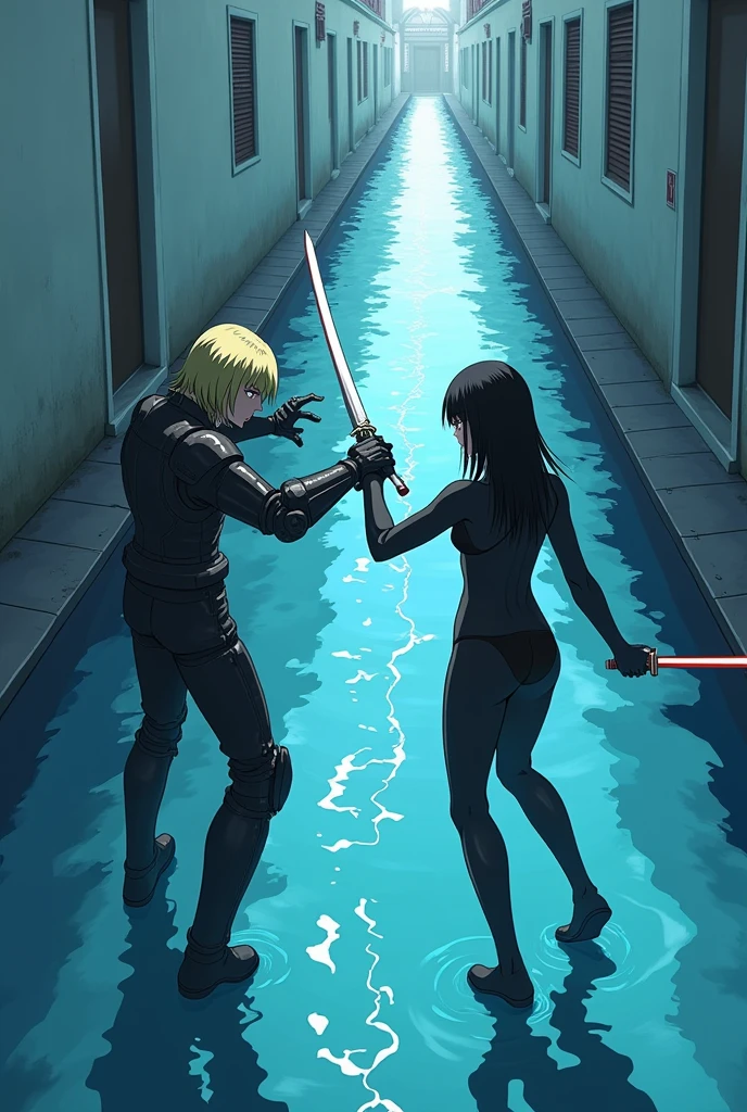 The image is anime style with shadows and dim lights, anime style although somewhat adult and dark, It shows a scene of a wide street with white walls., and whose soil, It's like crystal clear water, which perfectly reflects what happens on its surface. On that street a man with medium-length blond hair is fighting, wearing armor on his arms and holding a gun., fights against a single android with long black hair and a latex suit holding two swords in her hands. The image is focused from above, so you can barely see the fighters in question.