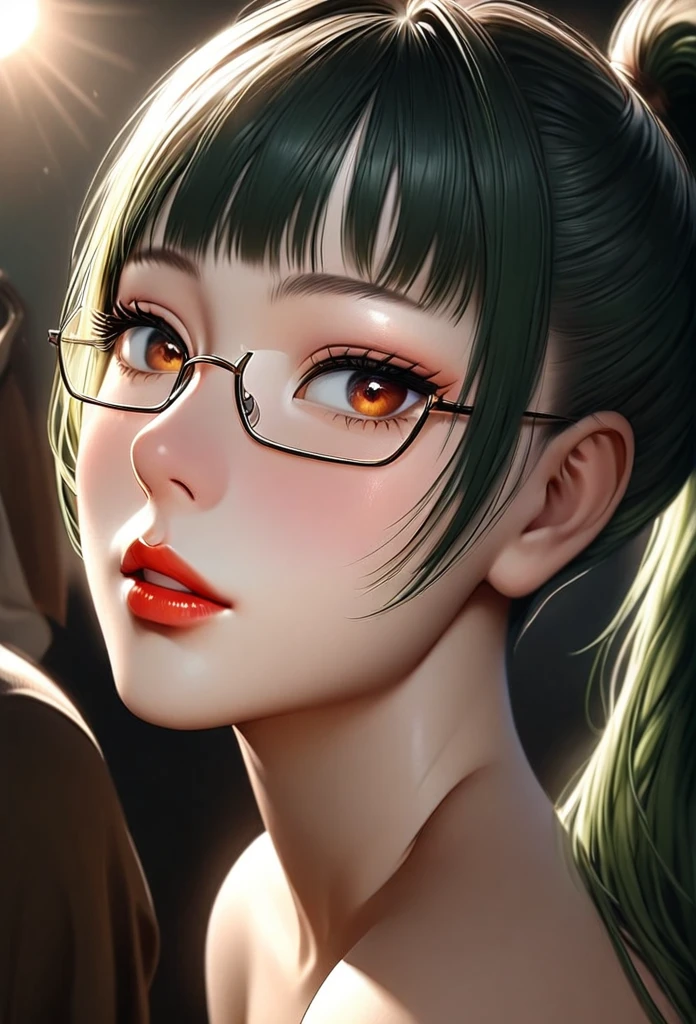 1girl, elegant erotic beautiful girl, ((long green hair with pony tail and straight bangs)), detailed face portrait, glasses, maxi dress, adultery, indecent, vulgar, (best quality,4k,8k,highres,masterpiece:1.2),ultra-detailed,(realistic,photorealistic,photo-realistic:1.37),intricate details, delicate facial features, beautiful amber eyes, ulzzang, long eyelashes, small nose, full lips, porcelain skin, natural lighting, warm color palette, chiaroscuro lighting, dramatic shadows, sensual, alluring, mature themes, artistic, dreamlike, ethereal, sideboob, cleavage, looking at viewer, ulzzang, (amber eyes), (close up face portrait),
