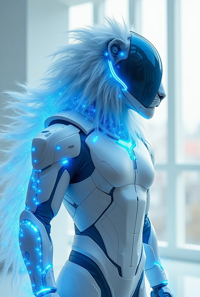 A lion with tech suit of white n blue colour in that suit blue radiation in coming out and change lion with a person and get him a helmet of blue colour change the character with person