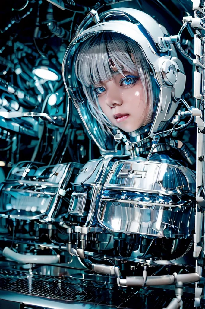  A girl with silver hair and silver eyes、Wide-angle shot, 1 female, Mecha, Glowing blue-black eyes, Very cute face, (Realistic:1.37), バイオMechaニカル, Spaceship interior bokeh background, Ultra-realistic, Very detailed, Very intricate details, Beautiful woman in focus、