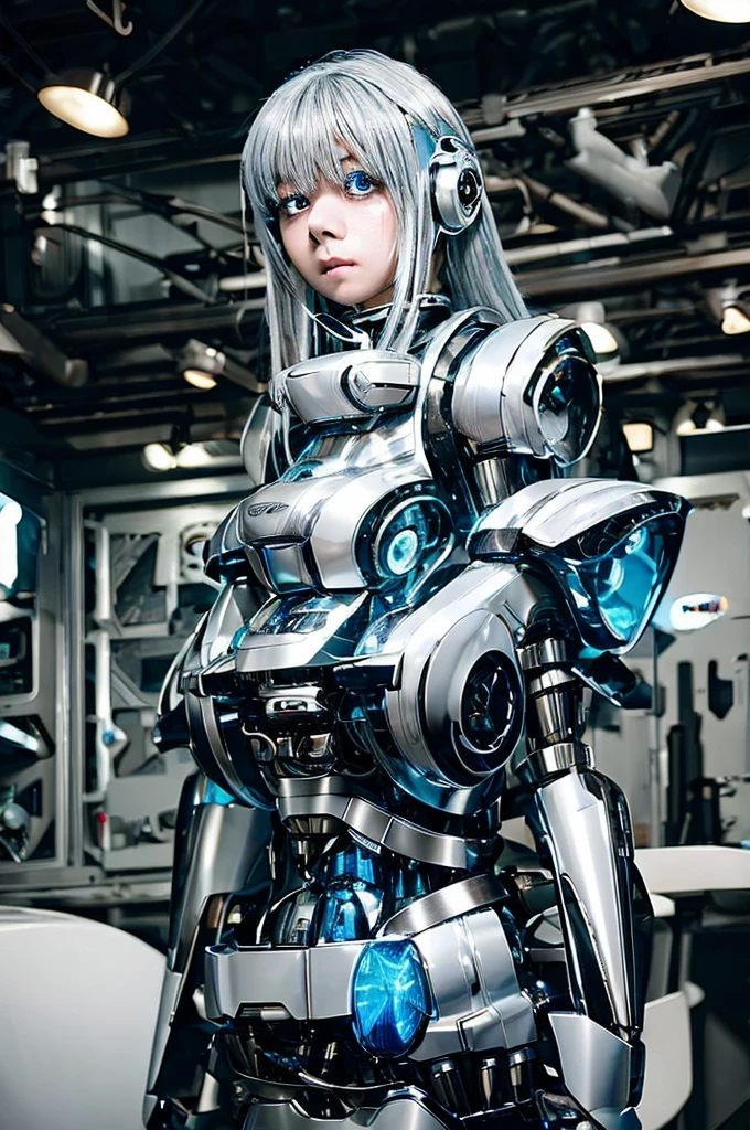  A girl with silver hair and silver eyes、Wide-angle shot, 1 female, Mecha, Glowing blue-black eyes, Very cute face, (Realistic:1.37), バイオMechaニカル, Spaceship interior bokeh background, Ultra-realistic, Very detailed, Very intricate details, Beautiful woman in focus、