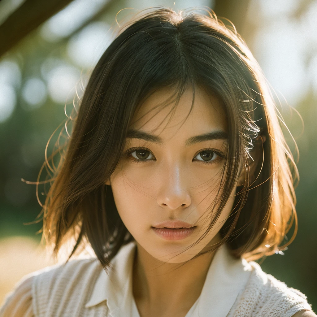 A hyper-realistic image of a single Japanese woman in her early 20s, captured with the nostalgic warmth and subtle graininess of a film camera. Her skin has a warm beige tone with a natural, slightly rough texture that includes visible pores, fine lines, and subtle imperfections such as small blemishes, adding to the authenticity of her appearance. The soft, diffused natural light enhances the film-like quality, casting gentle shadows that create a timeless, organic feel. Her straight, glossy black hair frames her face in a natural, slightly tousled manner, and her deep brown eyes reflect the ambient light, adding depth and emotion. The film camera effect introduces a slight grain and a softer focus, giving the image a warm, nostalgic atmosphere while maintaining the realistic texture of her skin. She is dressed simply, in a way that complements her natural beauty, with the overall composition designed to evoke a sense of genuine, understated elegance. The use of natural light, combined with the deliberately rougher texture of her skin and the film-like qualities, ensures that this image captures the imperfections that make her beauty truly lifelike, focusing solely on this one individual.