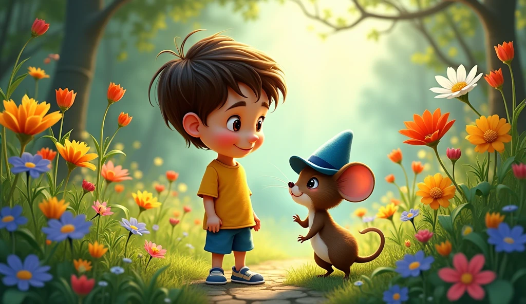 Create a fantasy-style illustration of a young boy named Léo, who has short brown hair and is wearing a yellow shirt with blue shorts. Léo is standing in a vibrant garden, smiling and looking at a small mouse named Remy. Remy, the mouse, is wearing a small, round blue hat with a brim. The garden is filled with colorful flowers, tall grass, and an air of mystery.