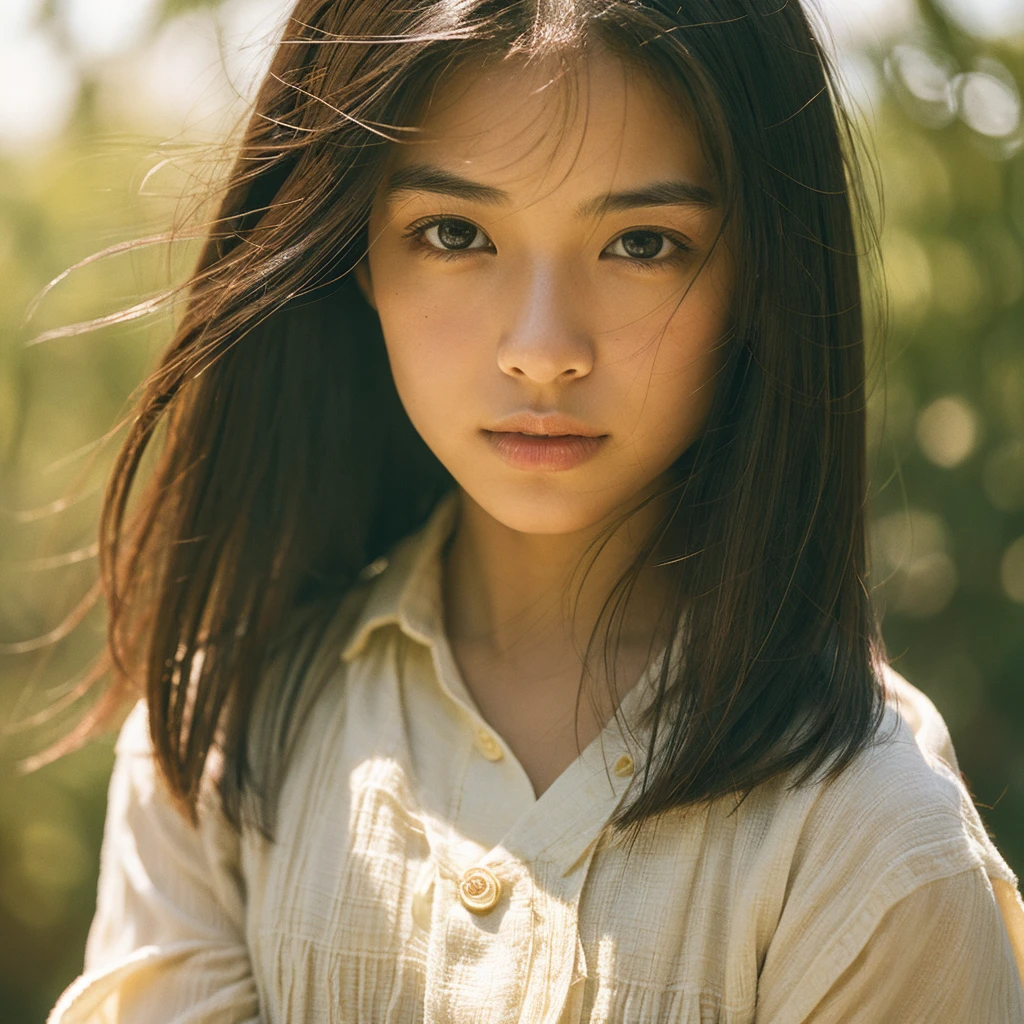 A hyper-realistic image of a single Japanese woman in her early 20s, captured with the nostalgic warmth and subtle graininess of a film camera. Her skin has a warm beige tone with a natural, slightly rough texture that includes visible pores, fine lines, and subtle imperfections such as small blemishes, adding to the authenticity of her appearance. The soft, diffused natural light enhances the film-like quality, casting gentle shadows that create a timeless, organic feel. Her straight, glossy black hair frames her face in a natural, slightly tousled manner, and her deep brown eyes reflect the ambient light, adding depth and emotion. The film camera effect introduces a slight grain and a softer focus, giving the image a warm, nostalgic atmosphere while maintaining the realistic texture of her skin. She is dressed simply, in a way that complements her natural beauty, with the overall composition designed to evoke a sense of genuine, understated elegance. The use of natural light, combined with the deliberately rougher texture of her skin and the film-like qualities, ensures that this image captures the imperfections that make her beauty truly lifelike, focusing solely on this one individual.