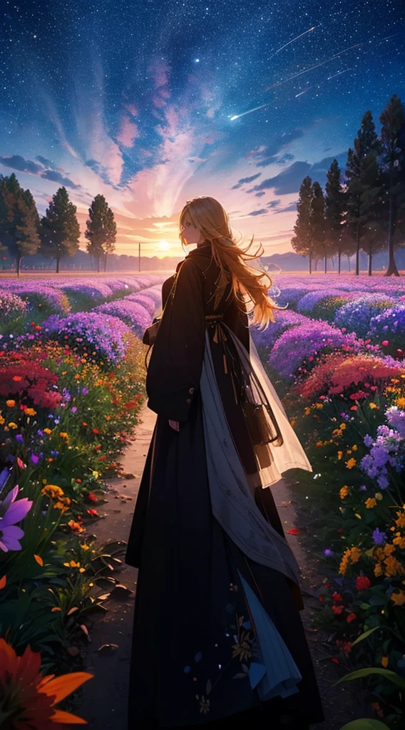 １people々々々々々々々々々々々,Blonde long-haired woman，Long coat， Dress Silhouette， Rear View，Space Sky, Flower Field，Colorful flowers，autumn，