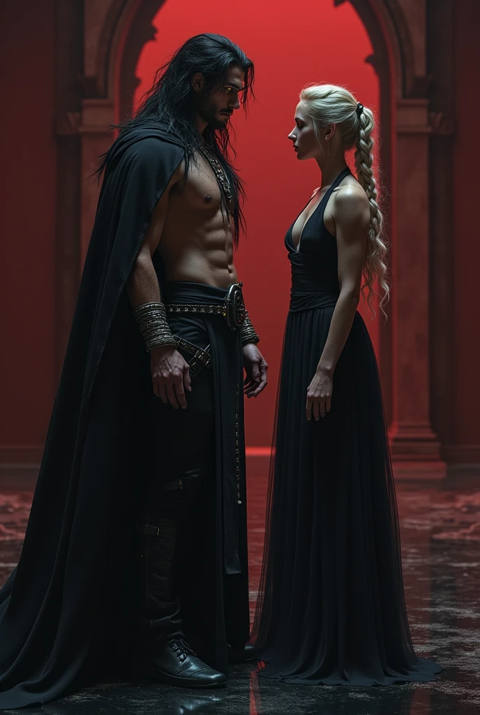 Dark man with bright yellow eyes,  with long, wavy, messy black hair. Wearing a black cloak and dark metal belt and silver bracelets...His strong chest is exposed between the black cape. In front of him is a blonde woman with her hair tied up high with some braids..  She wears a feminine monk style outfit.. They are both in a black and red room.