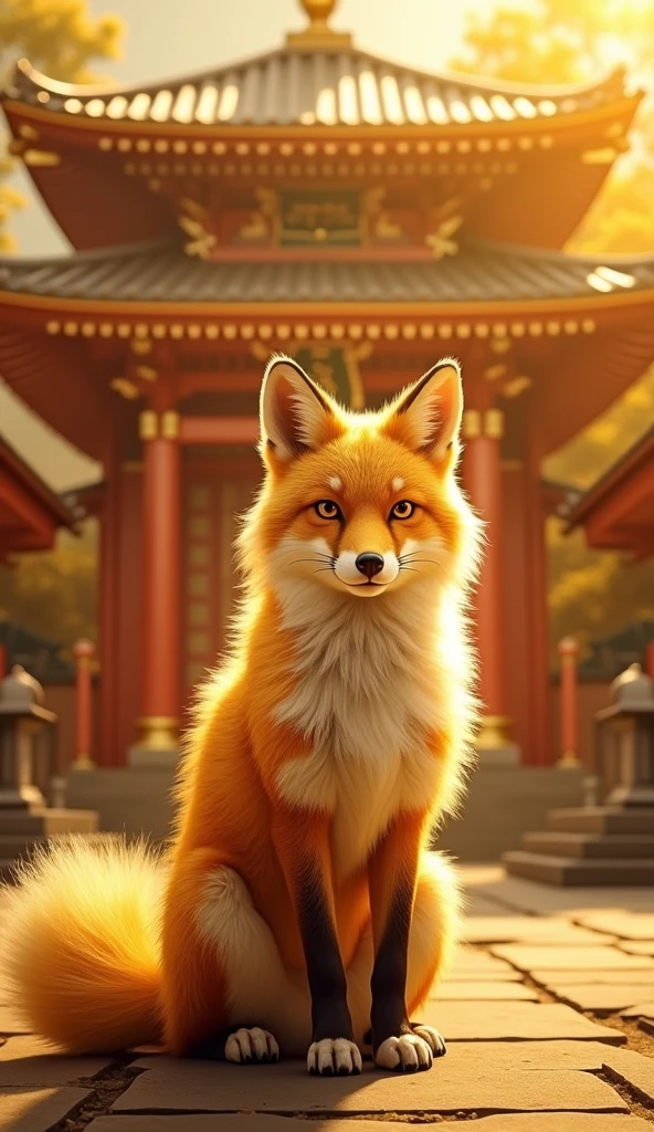Highest quality、 Ultra-high resolution、4K Ultra HD、Golden fur fox、The Golden Temple、Japanese style、Gold background、Increase your luck with money