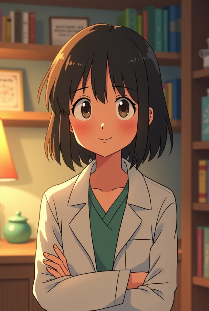 Hello, I want an animated image like Studio Ghibli of a psychologist with slanted eyes, young and smiling