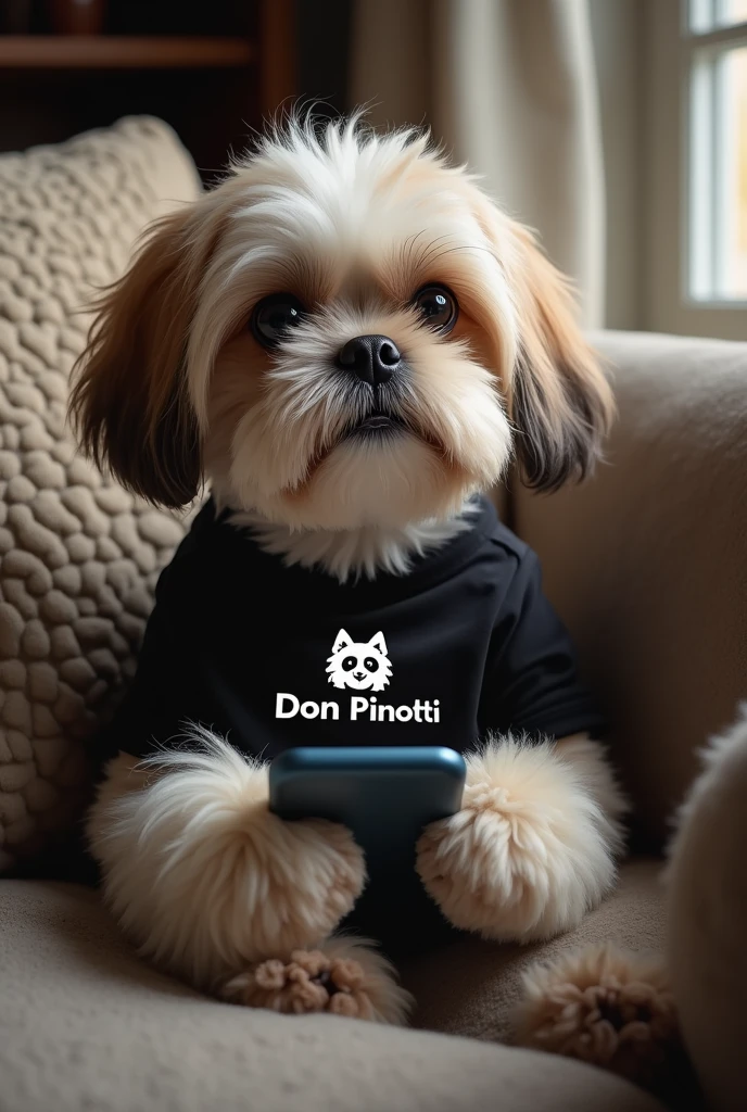 create a realistic photo of a shitzu dog with a black t-shirt, sitting on the sofa looking at the cell phone, making a purchase on a website called Don Pinotti