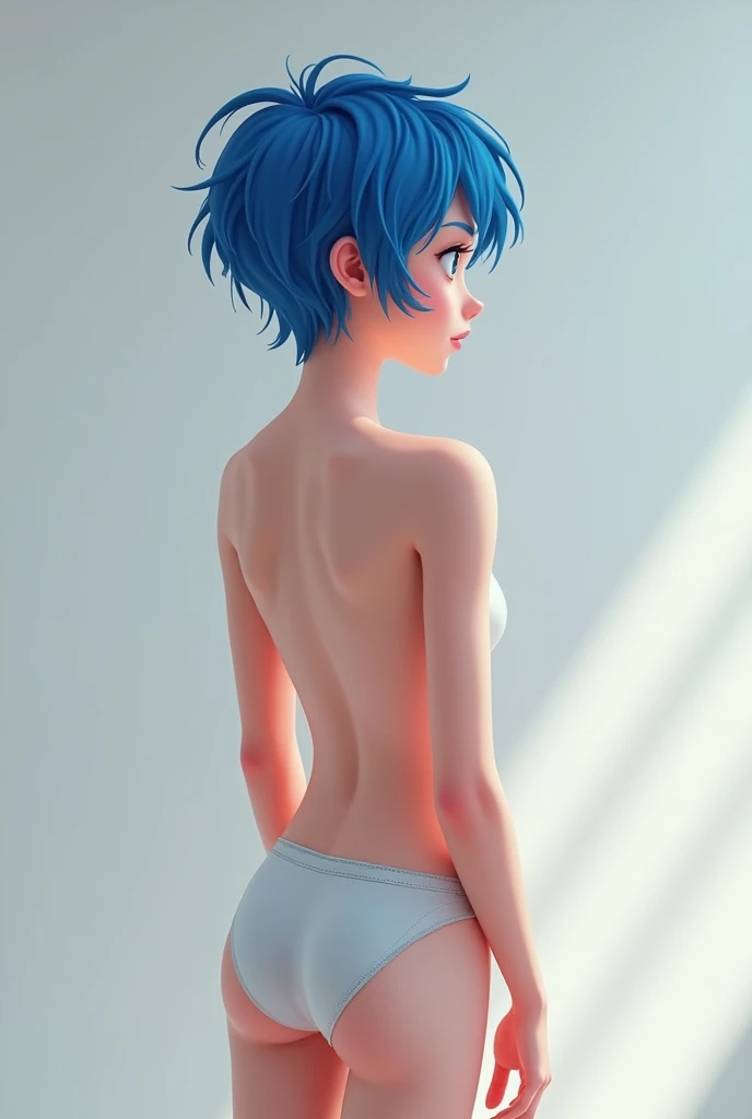 Pose: bending over, Girl, dark skin, 30 years old, full bust, firm ass, slim waist, assymetrical short blue hair, clear blue eyes, sensual lips, wearing a small towel