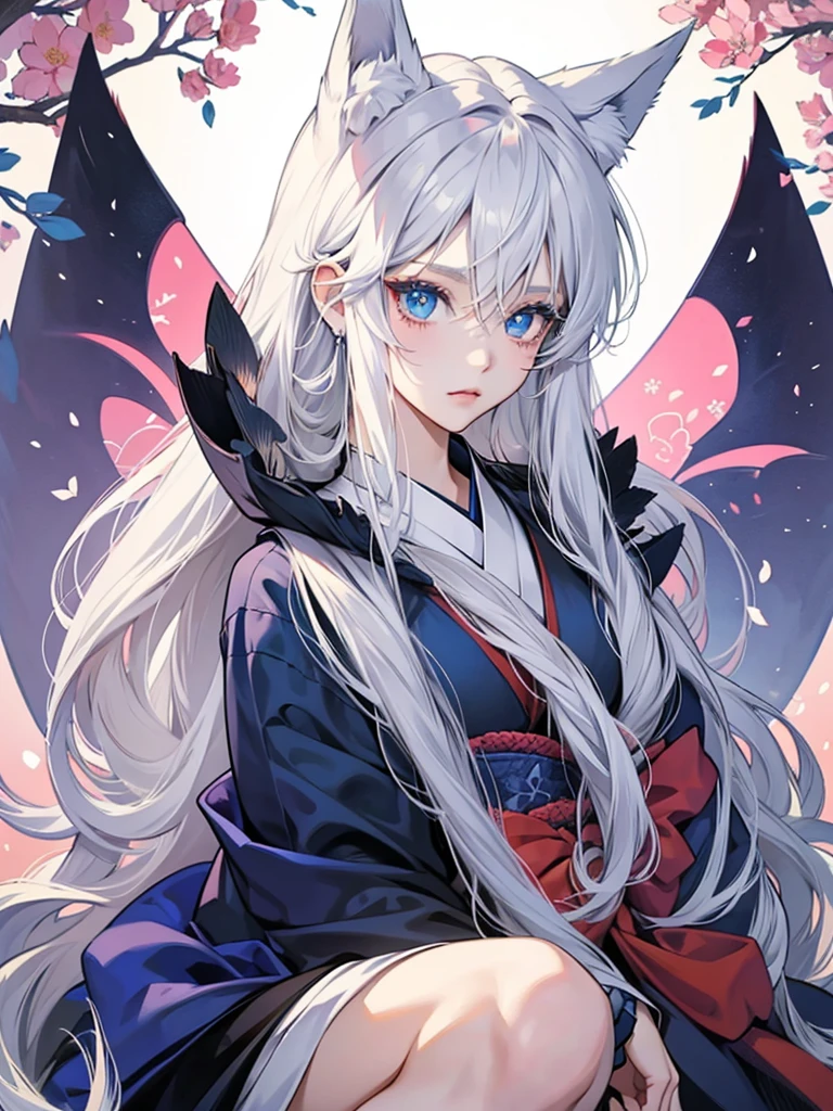 Anime woman. Fox ears. Long white hair. Cute. Sweet. Dark eyeshadow. Pretty eyes. Girly. Big blue eyes. Accessories. Japanese style.