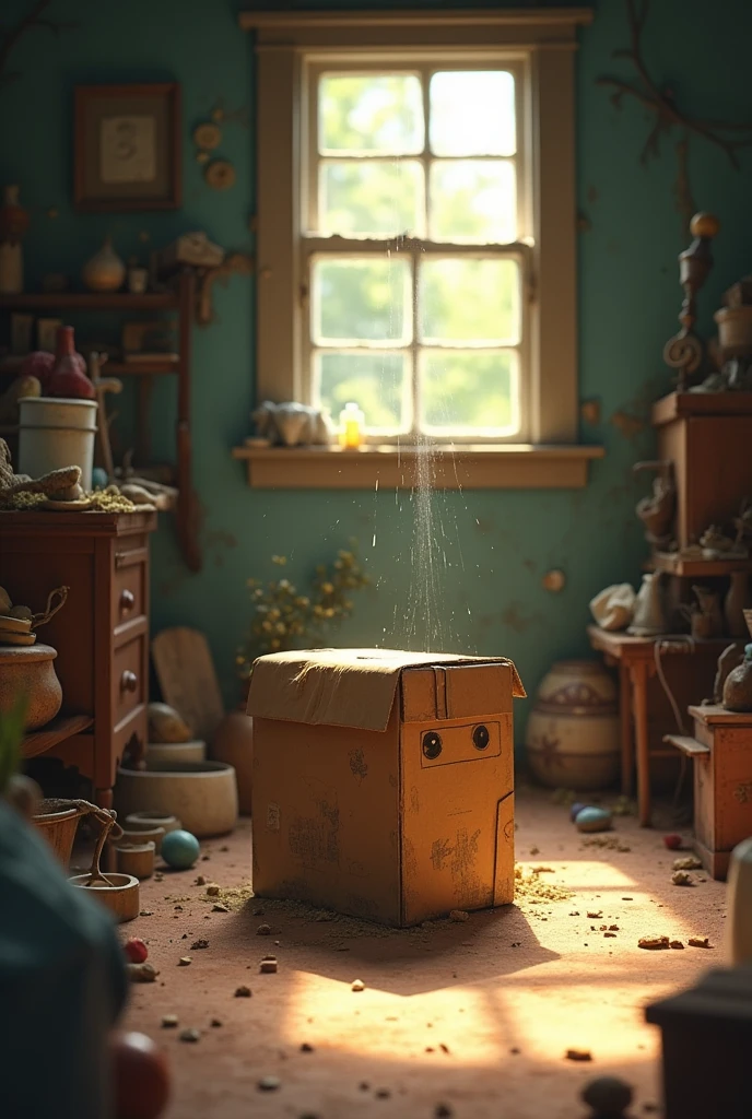 Dusty cardboard box in the attic pixar style drawing 
