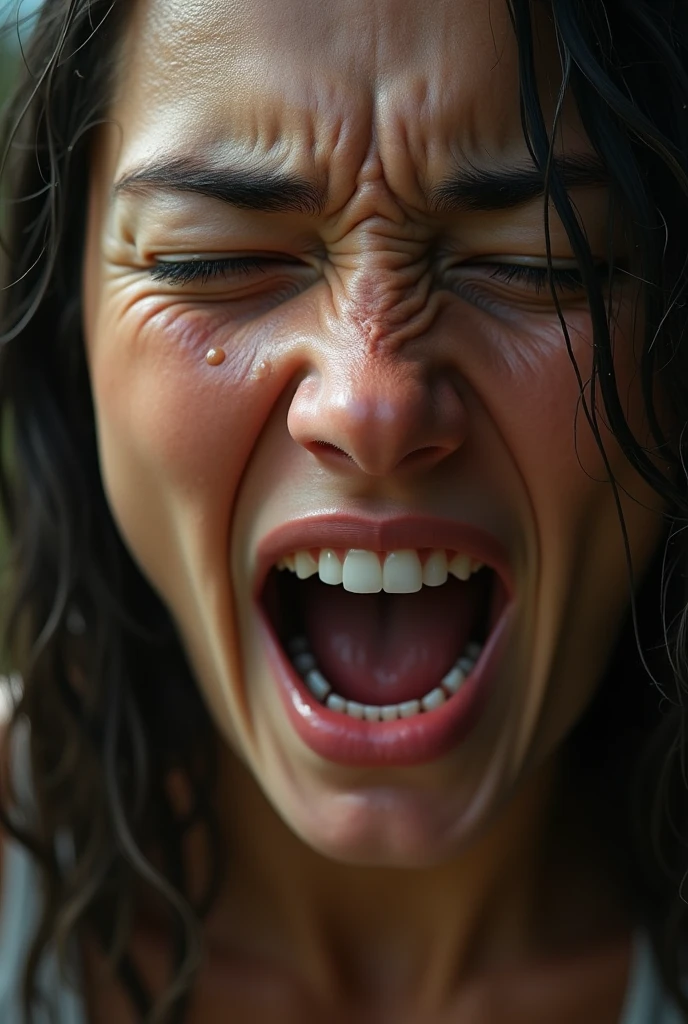 A sweaty  with saliva running down her mouth 