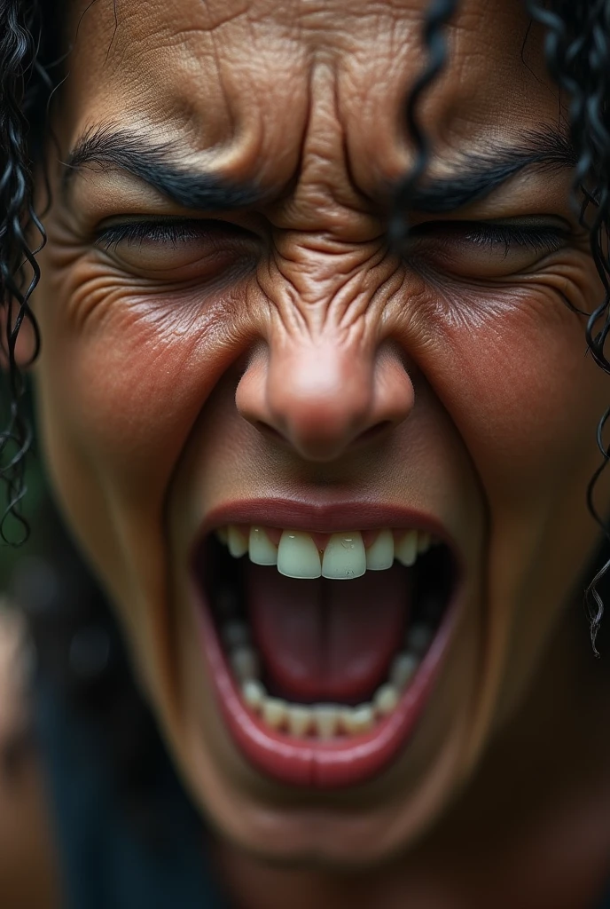 A sweaty  with saliva running down her mouth 