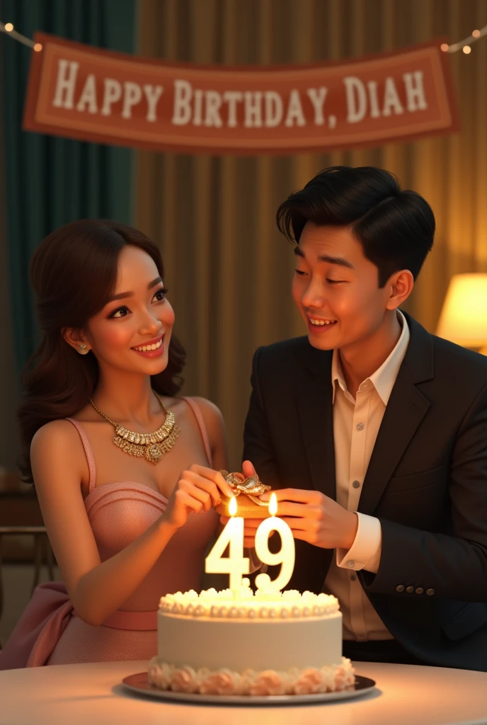 a 49 th birthday celebration dinner of an Indonesian woman showing 1 lady and 1 gentleman wearing upscale attires, the lady is wearing a necklace with a cross at the end, hyper photo realistic, UHD image, delightful and cheerful. Both people are facing camera. The gentleman is giving a birthday give to the lady. There is a cake with candle number 49. A banner behind with a caption "Happy Birth Day, Diah"