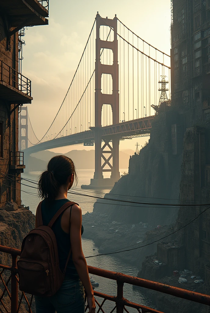 Desolate landscape has the rusty and crumbling Golden Gate Bridge in the middle of the image, Seen by a dirty girl with a backpack on her back from a balcony of a dilapidated, ultra-futuristic building, the bridge is between several ultra futuristic and deteriorated and abandoned tall buildings, post-apocalyptic scenario, there is a reinforced concrete walkway connecting two dark buildings on the horizon, There are many power lines hanging from the bridge, and rusty traffic lights, There are high voltage wires falling from the bridge, there are curved metal buildings on the horizon everywhere, has smoky metal structures, rusty and abandoned cars on the streets, desert megalopolis, alto buildings and collapsing to the ground, afternoon sunlight, dark gray sky, dark night in the sky, as realistic as possible, as detailed as possible, as realistic as possible, ultra realism