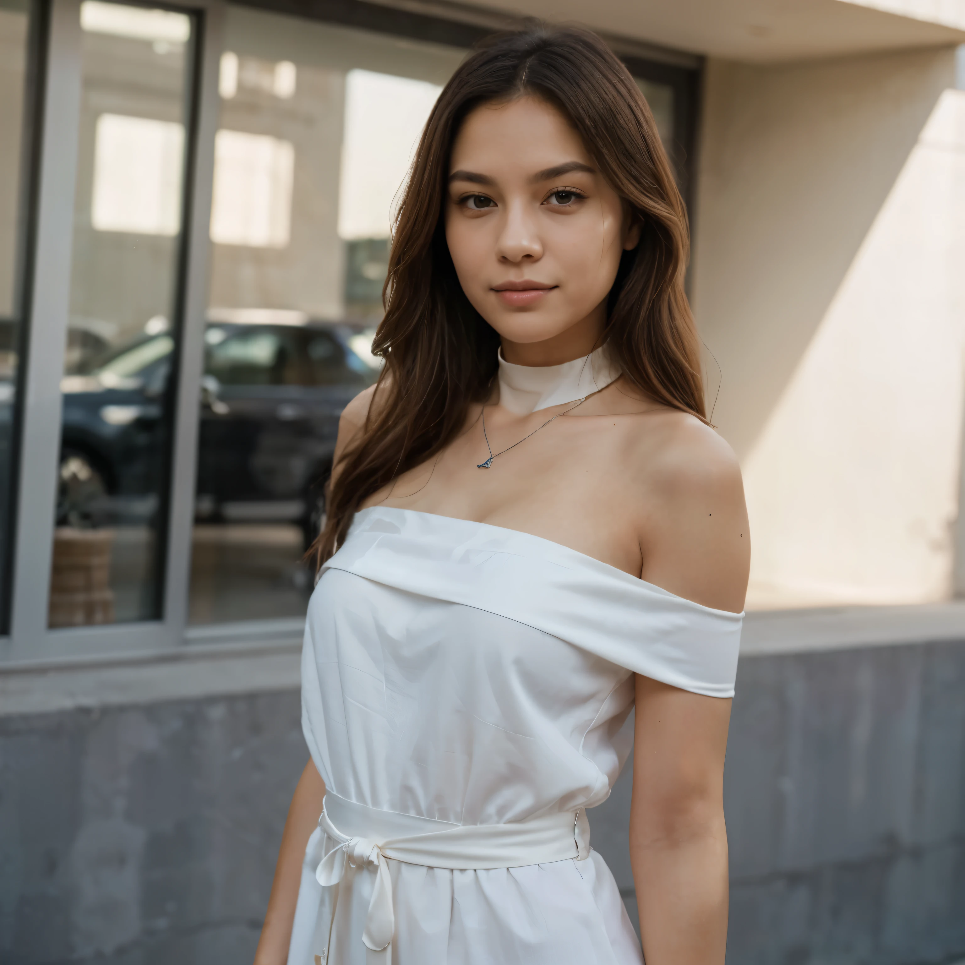 photorealistic, raw photo:1.2), hyperrealism, ultra high res, Best quality, masterpiece, 8k, bright backlighting, realistic light,
a korean 18 years girl, smile,
In the image, the woman stands confidently, It's daytime, likely midday, given the natural light's brightness and the clear blue sky with minimal clouds in the background. Soft shadows suggest the light isn't directly overhead but perhaps late morning or early afternoon. Her expression is pleasant, with a subtle smile and eyes meeting the camera, reflecting a warm and engaging personality.
She's in an open space that feels expansive, on a flat surface that could be a paved urban or suburban area. No specific architectural features or landmarks are in sight, offering a clean background that draws attention to her presence. The lighting brings out the scene's true-to-life colors, enhancing the visual appeal of the setting.
The woman in the photograph is wearing an elegant, off-the-shoulder, sheath-style dress in a soft, creamy red tone. The dress is designed with a gentle, draped neckline that suggests a cowl-like effect, enhancing the garment's fluidity and grace. It features a snug fit that contours to her figure, accentuating a slender waist before proceeding into a straight fall, which is likely to continue down to a full-length hem. The fabric appears to be satin or a satin-like material, given its smooth texture and the way it catches the light, giving off a subtle sheen.
Her pose is poised and graceful, with her left arm bent at the elbow, and her hand gently raised in a soft wave, implying a gesture of greeting or acknowledgement. She has a delicate build with balanced proportions and a statuesque posture that complements the sophisticated attire.
Adorning her neck is a choker-style necklace, which is simple yet statement-making, possibly made of silver or a similar reflective metal, contributing to her polished look. Her hair is styled in a natural, straight manner with a slight parting to on