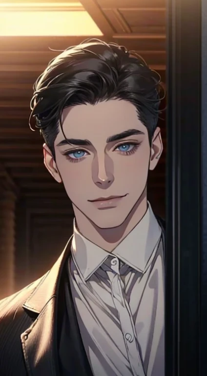 a mature man with short grey Black hair, blue eyes, 31 years, and a perfect face, smiling in love, CEO, cinematic lighting, 1:4 HDR image, top view, ultra detailed, best quality, masterpiece, 8K, photorealistic, beautiful image