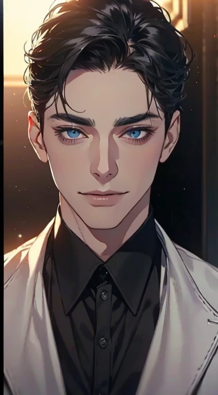 a mature man with short grey Black hair, blue eyes, 31 years, and a perfect face, smiling in love, CEO, cinematic lighting, 1:4 HDR image, top view, ultra detailed, best quality, masterpiece, 8K, photorealistic, beautiful image