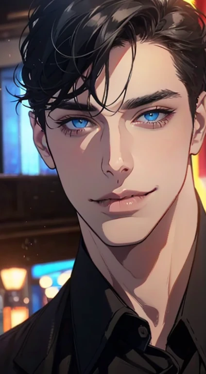 a mature man with short grey Black hair, blue eyes, 31 years, and a perfect face, smiling in love, CEO, cinematic lighting, 1:4 HDR image, top view, ultra detailed, best quality, masterpiece, 8K, photorealistic, beautiful image