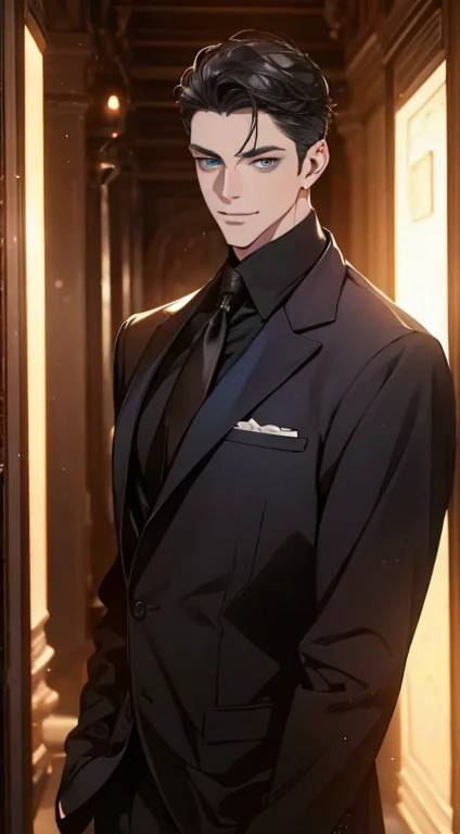 a mature man with short grey Black hair, blue eyes, 31 years, and a perfect face, smiling in love, CEO, cinematic lighting, 1:4 HDR image, top view, ultra detailed, best quality, masterpiece, 8K, photorealistic, beautiful image