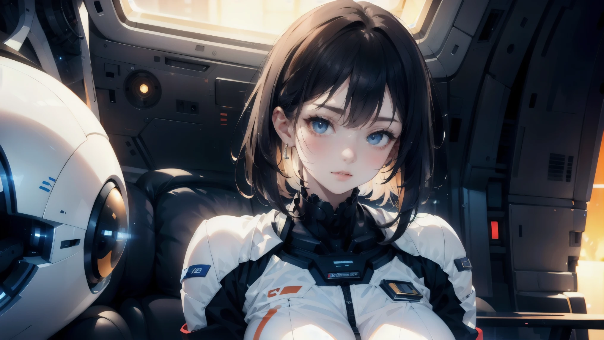 arafed image of a woman in a futuristic suit with a spaceship in the background, movie art, in front of an orange background, inspired by Robert McGinnis, female protagonist, megastructure in the background, portrait of an ai astronaut, astronauts, an astronaut, portrait of a astronaut skeletor, perfect android girl, frank franzzeta and sakimichan  