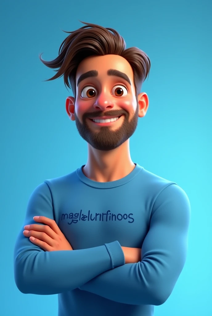 Pixar drawing of a handsome 2 man with brown eyes, beard, medium long straight wavy hair, wearing a blue shirt with "Magalurufinoos" written on it, with his arms crossed, facing the camera. with blue studio background
