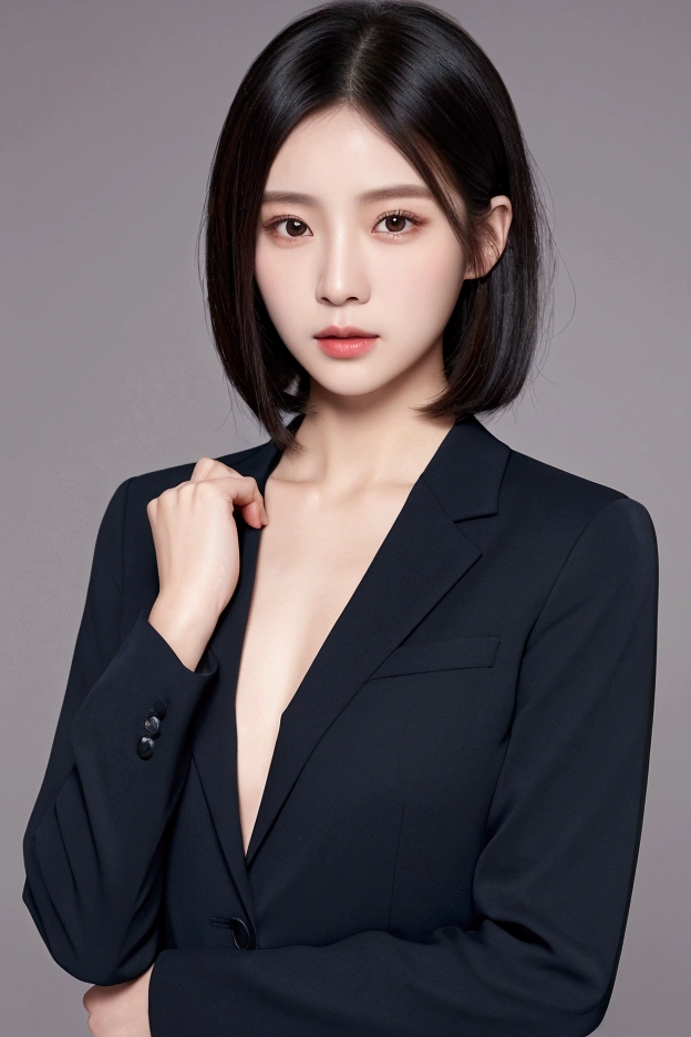 Realistic portrait of a 2 Asian female businesswoman。There is dignity、beautiful。Shiny black short bob style。Wearing a modest navy blue business suit。Stand with good posture、Standing facing straight ahead。Looks like he's talking to the audience。The left hand is placed gently beside the right hand。Full-body shot in front of a plain background。Professional Studio Lighting。High resolution、RAW format。Hyper-realistic details in facial features and clothing textures。
