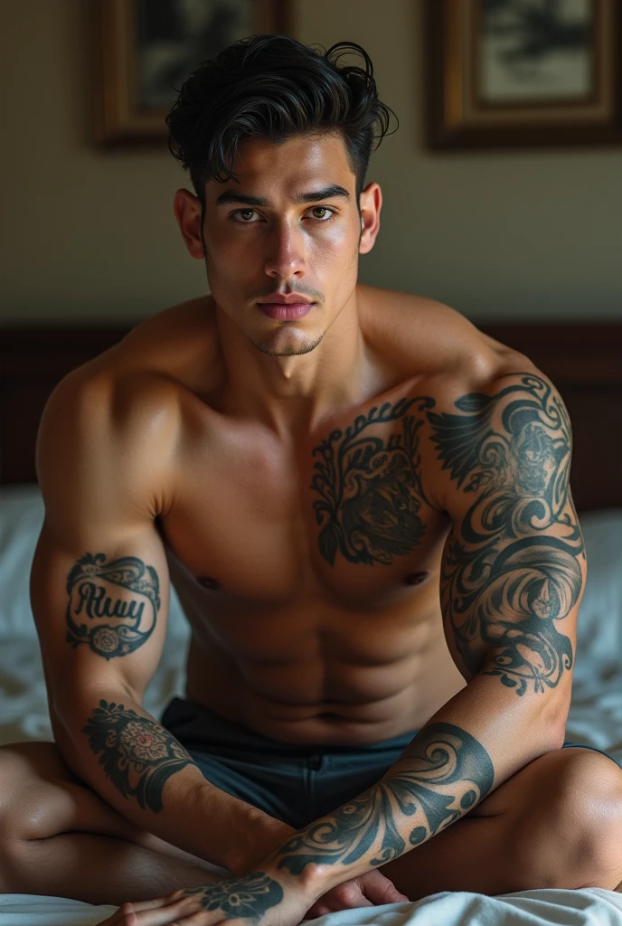A young man AI high quality muscular tattoo name “ruy” and other tattoo fair skin tan light pink mouth with realistic bedroom background