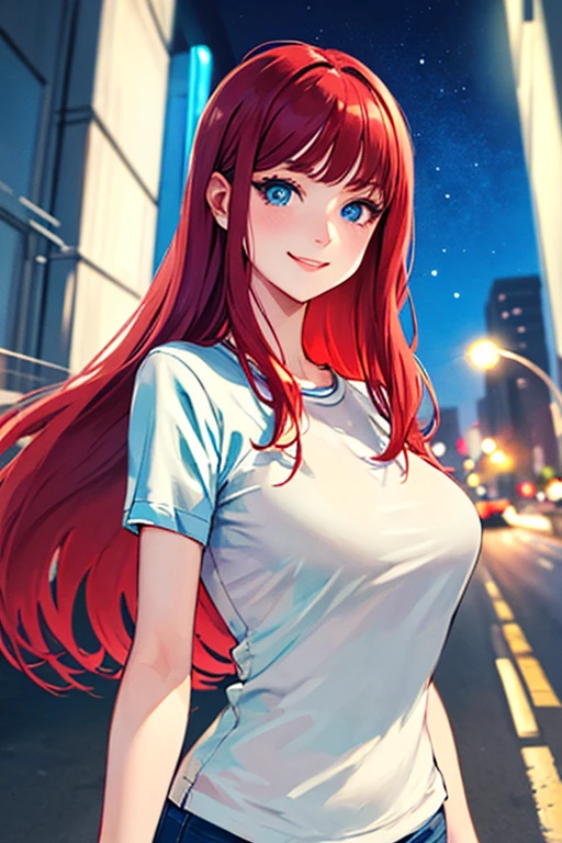 ((masterpiece)), (((best quality))), chromatic lighting,
colorized, red + white limited color palette,
detailed concept drawing, Along a highway, night time,
portrait, 20yo 1girl, medium soft breasts, slender, long red hair, blue eyes, smiling, no weird objects or colors on the face