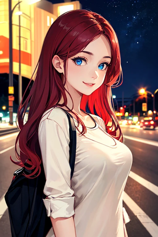 ((masterpiece)), (((best quality))), chromatic lighting,
colorized, red + white limited color palette,
detailed concept drawing, Along a highway, night time,
portrait, 20yo 1girl, medium soft breasts, slender, long red hair, blue eyes, smiling, no weird objects or colors on the face