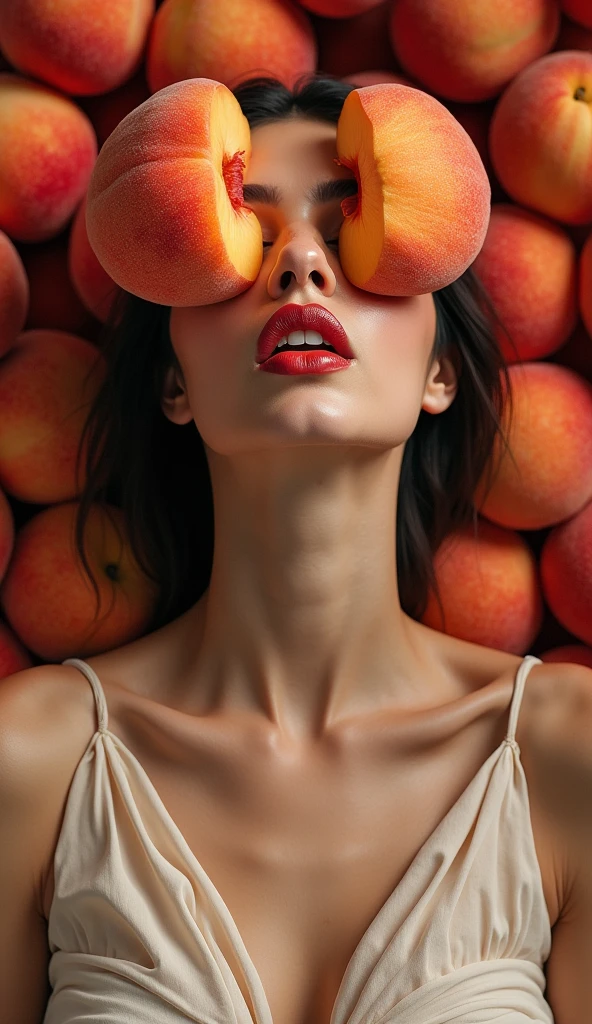 1 beautiful Iranian woman in her 30s。Facing forward、Eating a peach with his mouth wide open。The expression is、Sexually lewd expression、Ecstatic expression、I feel a strong sense of ecstasy。The head is peeled、Wearing a large real peach。There are a lot of peaches on and around the head.。The skin is、Hidden by clothes、Light clothing。There are peaches all around。Covered in peaches。Fully clothed。No tattoos。The background is in the colors of the Iranian flag.
