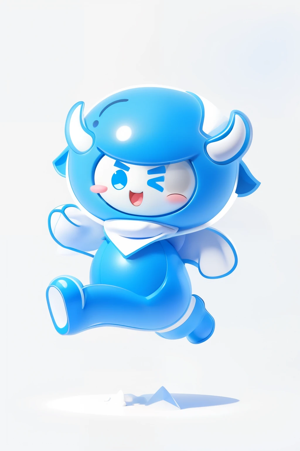 A cute blue cartoon mascot with two horns on his head, wearing a triangular scarf, jumping in the air, simple background, white background, simple lines and shapes character design surreal, full body, blush, bean Pea eyes, 3D effect, Disney style, clear outline light, rim light, fantasy, spotlight, 8k