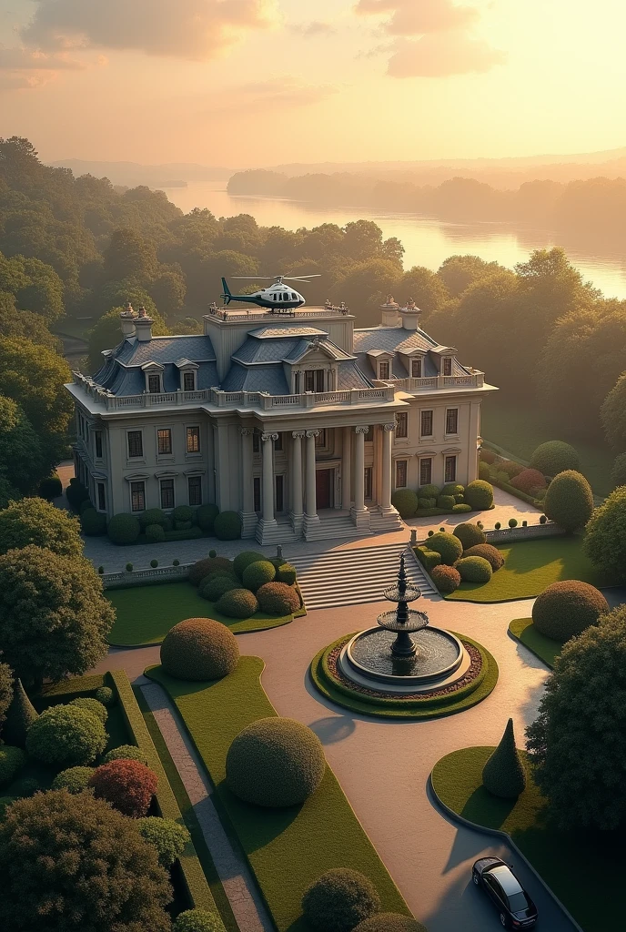 A portrait of a mansion . Background a river and a fountain. Luxury cars in mansion . And a private helicopter baer the mansion. A road passes mansions. Scene of a dawn . A helicopter at the roof of mansion