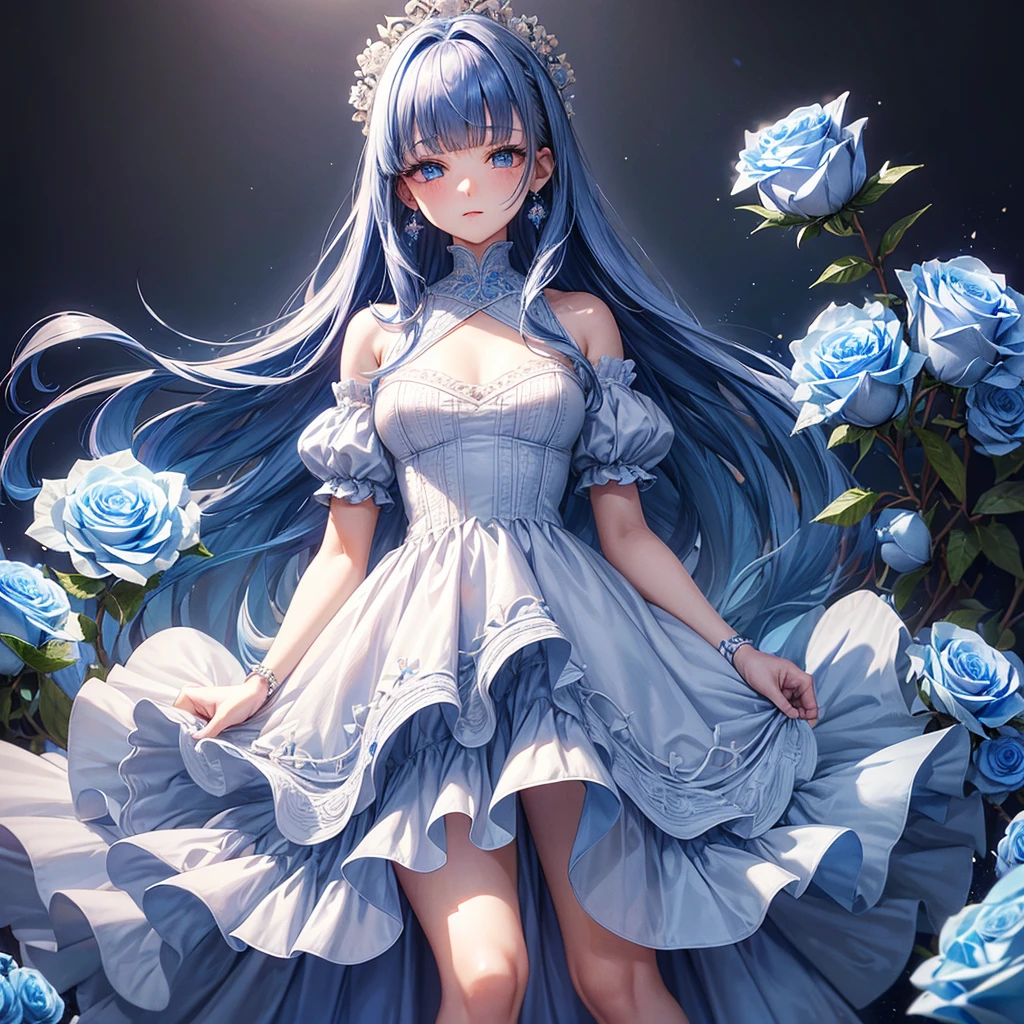 ((Highest quality)),(Ultra-high resolution),Flared skirt dress,High neck、The dress is made of blue roses、Highly detailed CG Unity 8k wallpaper, , Earrings, Blue hair, Curly Hair, Blunt bangs, Straight bangs, Blue eyes, White skin, Gal, Improve、Her flat chest is hidden by her dress