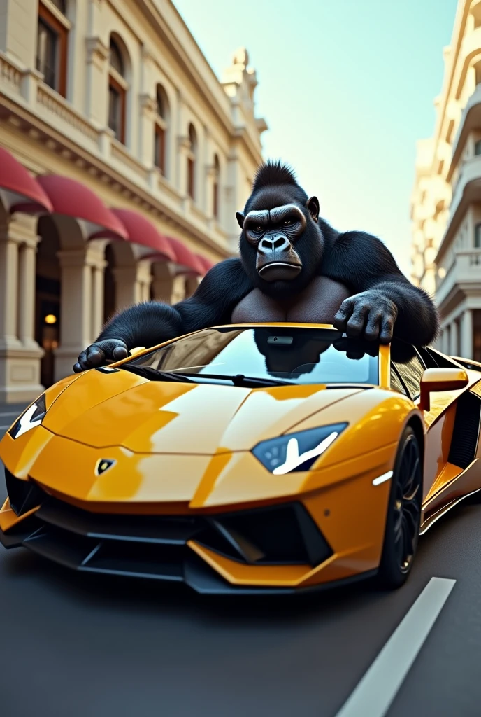 Un gorille conduisant une lamborgini en plein milieu de la place du casino à Monaco