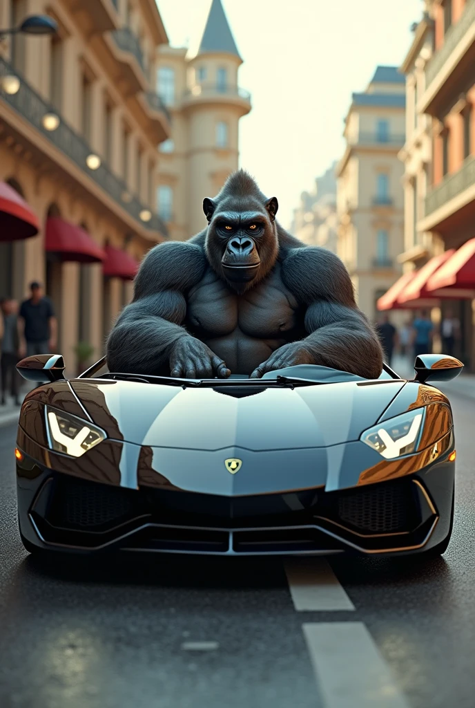 Un gorille conduisant une lamborgini en plein milieu de la place du casino à Monaco