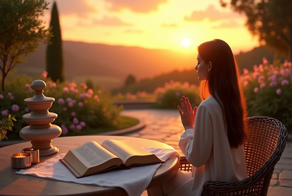 "Create a realistic and inspiring scene that highlights a Bible in a sunset prayer setting. Imagine an outdoor space, such as a terrace or garden, where the setting sun projects a warm golden light. Place the open Bible on a rustic wooden table, covered with a delicate white towel. The Bible should be centrally positioned, with a clear view of the pages, perhaps showing a verse of hope or comfort.
Around the table, include wicker chairs or wooden benches, with soft cushions for comfort. Add a path of stones or gravel that leads to the table, surrounded by flowers and plants that are beginning to reflect the soft light of dusk. In a corner, place a small fountain or a large candle on a candlestick, creating an environment of tranquility with the soft sound of water or the light of flames.
In the background, add a garden landscape or panoramic view, such as a gentle hill or a flowery field, illuminated by the warm tone of the sunset. Include a human element, such as a person in a prayer or meditation position, with a serene look, creating a soft contrast with the surrounding nature. Use a palette of warm, natural colors - orange, gold, green and brown - to evoke a sense of calm and spiritual connection."