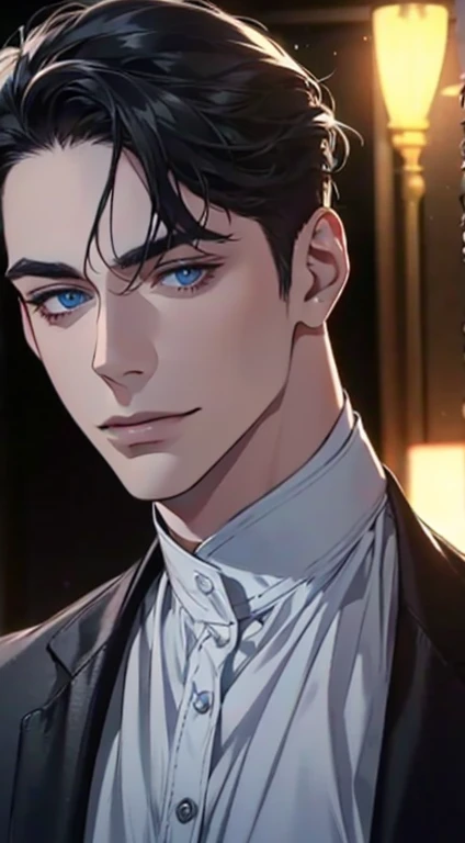 a mature man with short grey Black hair, blue eyes, 31 years, and a perfect face, smiling in love, CEO, cinematic lighting, 1:4 HDR image, top view, ultra detailed, best quality, masterpiece, 8K, photorealistic, beautiful image