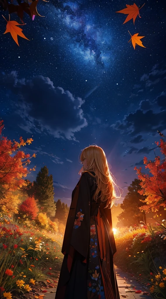 1people々々々々々々々々々々々,Blonde long-haired woman,Long coat, Dress Silhouette, Rear View,Space Sky, Flower Field,Colorful flowers,autumn,autumn leaves,